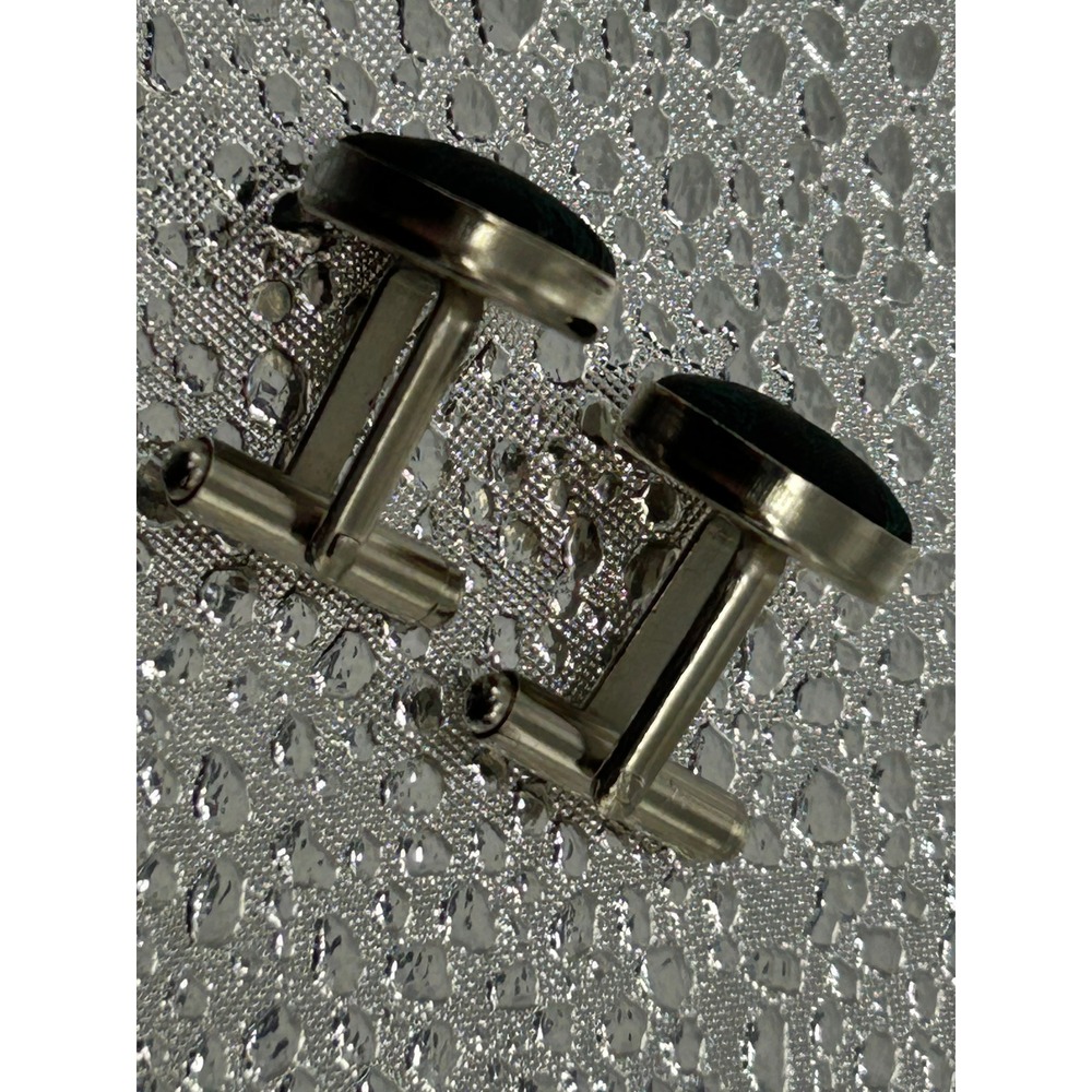 Mens Roundโ Silver Tone Teal Black Paisley Fabric Inlay Bullet Back Cufflinks